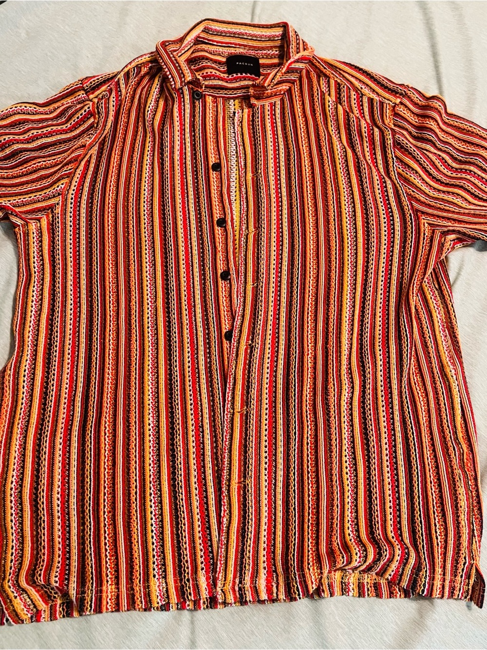 PacSun Striped Button-Down Top in Red, Orange & Yellow